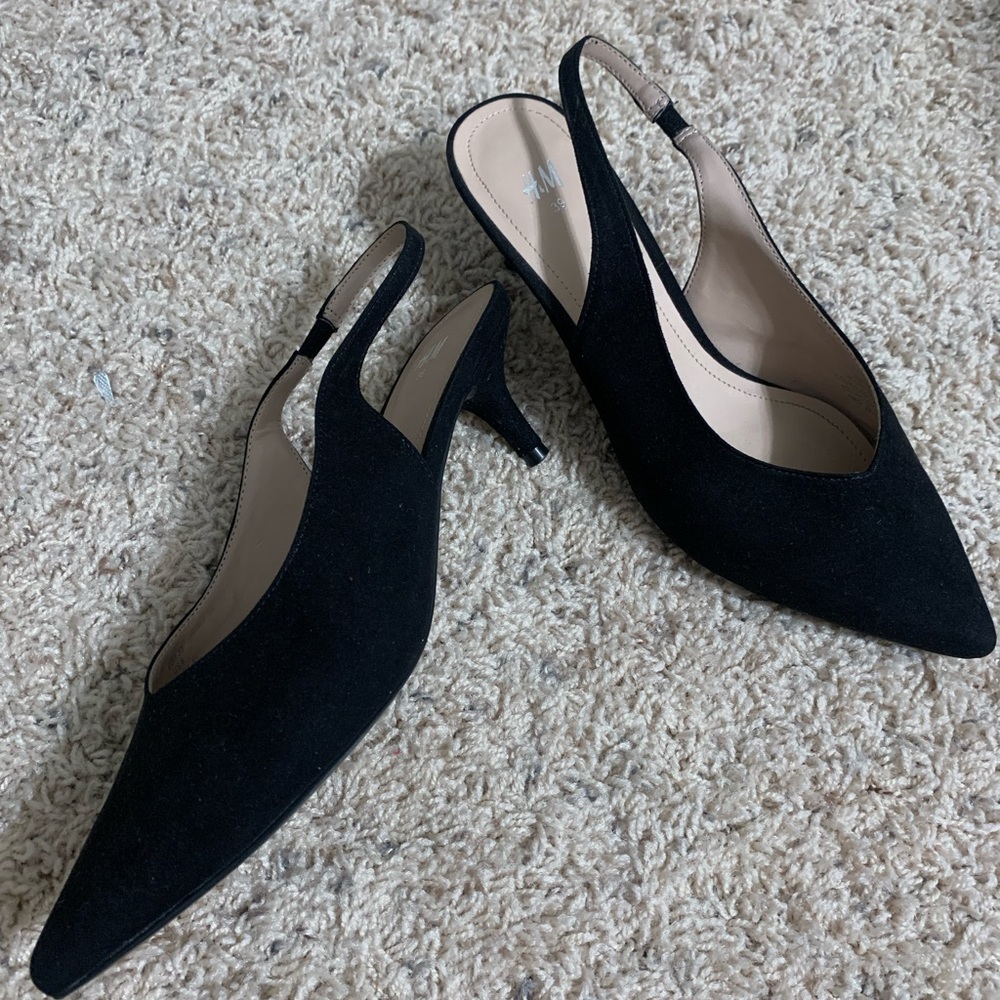 Black faux suede strappy kitten heels from H&M